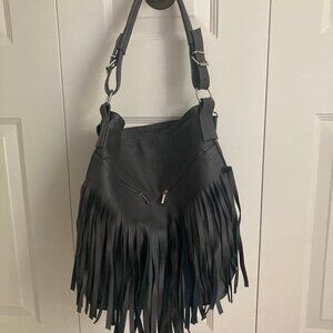 Genuine leather grey fringe hobo bag EUC
